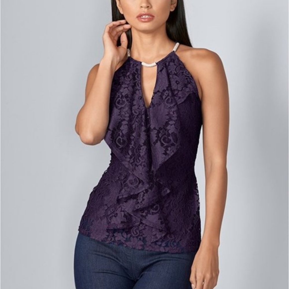Venus purple lace ruffle and rhinestone top
